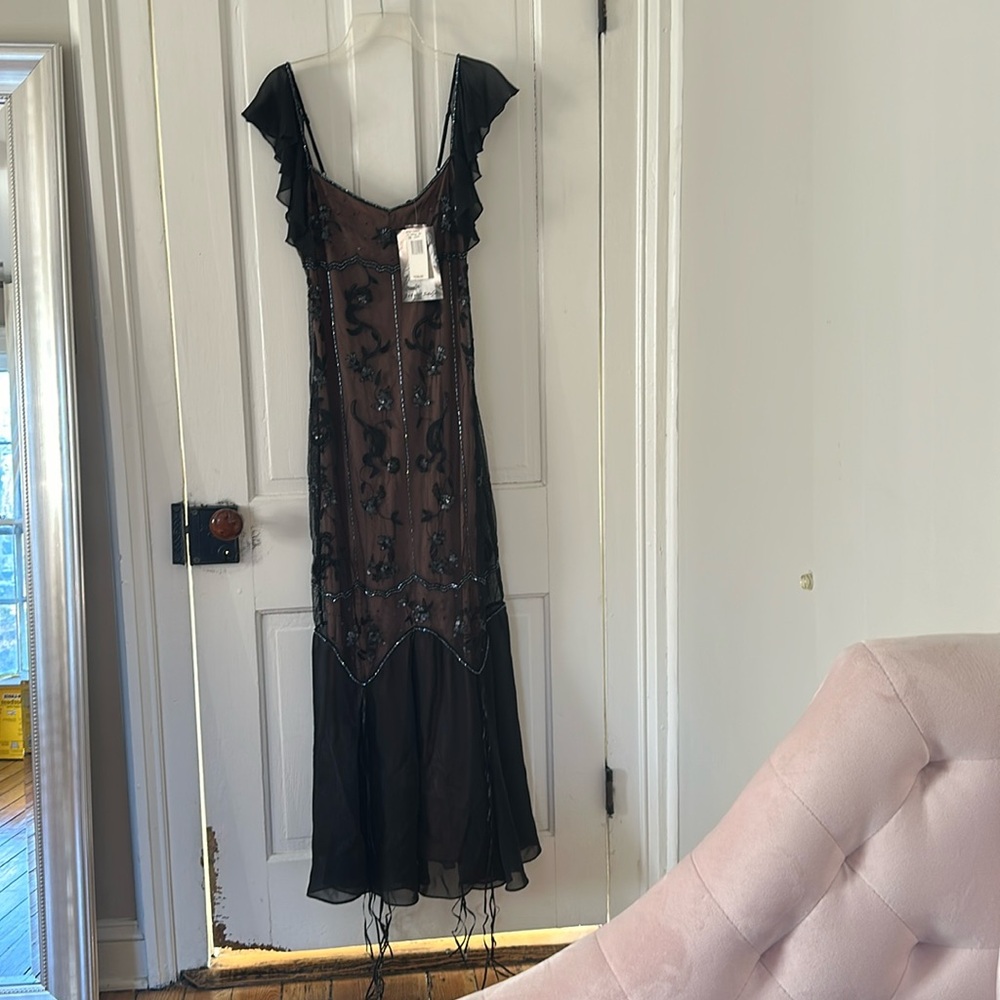 Betsey Johnson Vintage Y2K Sheer Black Over Beige Beaded Gown NWT